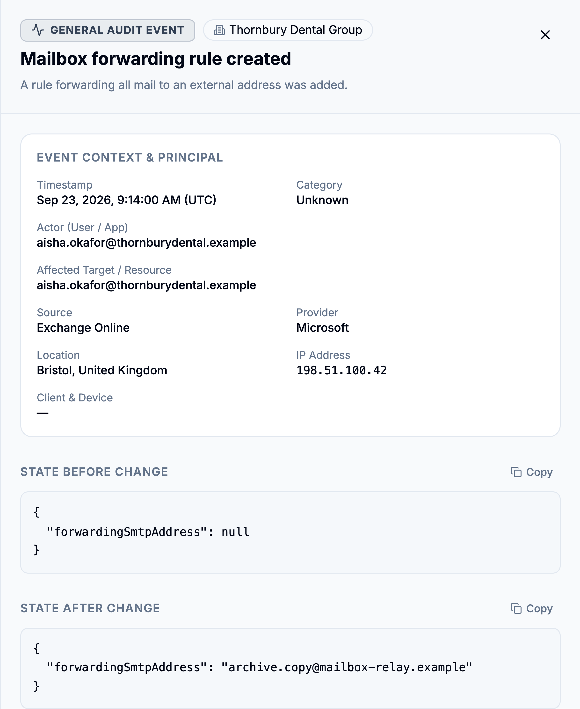 The selected change opened: event context with the timestamp, actor, affected target and source, then the state before and after the change as supplied by Microsoft